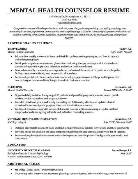 Sample of a mental health counselor resume template in Word format