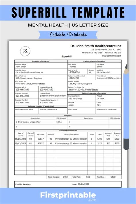 Example of a Superbill template for mental health services