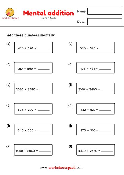 Mental Math Addition Worksheet