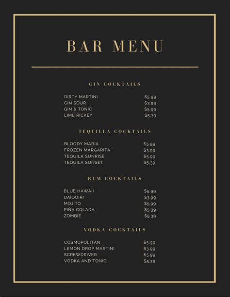 Menu template examples for bars