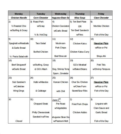 Menu Template Excel