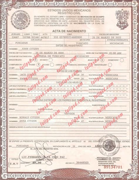 Certified copy of Mexican birth certificate