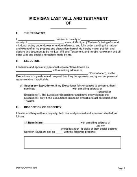 Michigan Last Will and Testament Template PDF