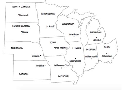 Midwest States and Capitals Map