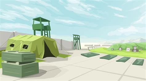 A cartoon background featuring a military base with aircraft hangars