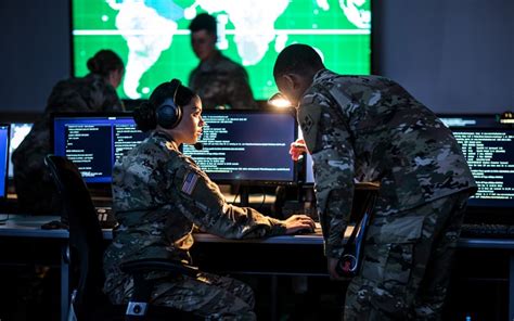 Military personnel working on a computer