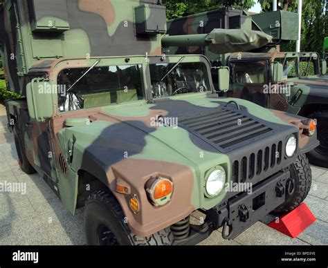 A military vehicle with a camouflage pattern