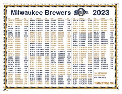 Milwaukee Brewers 2023 Printable Schedule