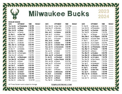 Milwaukee Bucks Schedule Printable 2023-2024