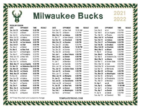 Milwaukee Bucks Schedule Printable Template