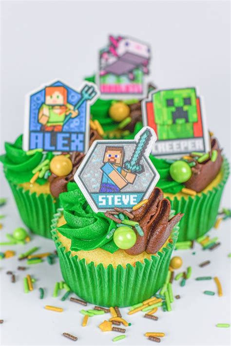 Colorful Minecraft cupcake toppers with Creeper and Enderman designs