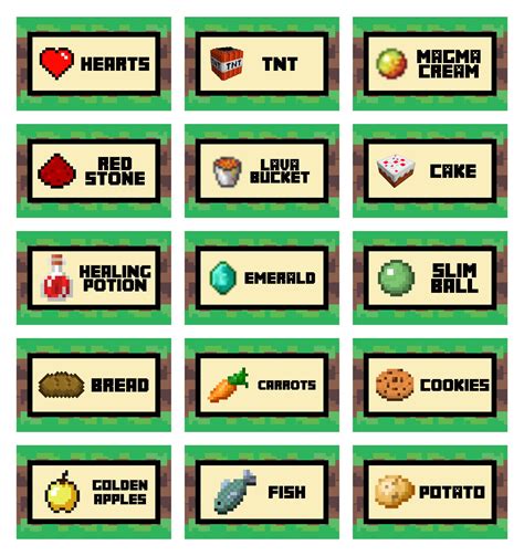 Minecraft food labels printables for kids