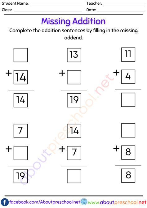 Missing Numbers Addition Worksheet