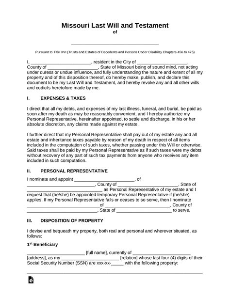 Missouri Last Will Template Example Image