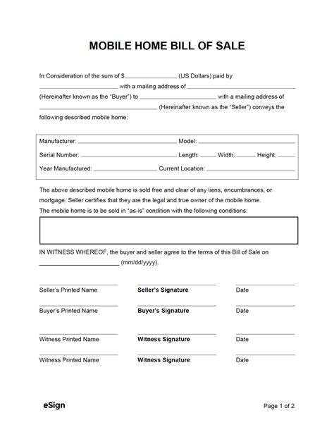 Mobile Home Bill of Sale Form