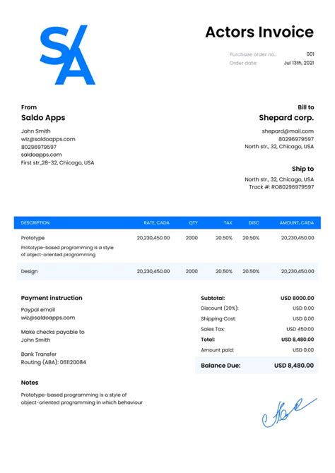 Model and Actor Invoice Template