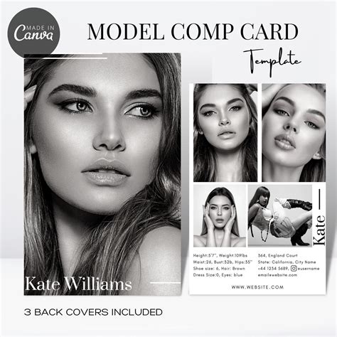 A model comp card template with contact information listed