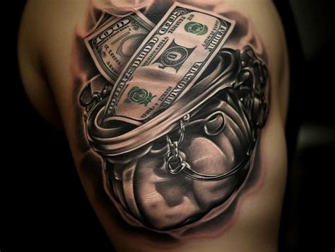 Money bag tattoos with financial symbols and icons