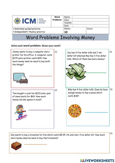 Money word problems worksheet for kids