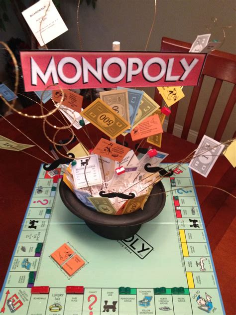 Monopoly game night decorations with balloons and streamers