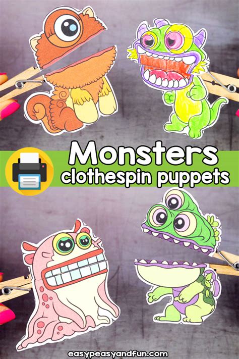 Monster clothespin puppet with green skin and yellow eyes