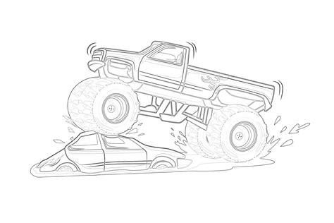 Monster truck coloring page with crush car