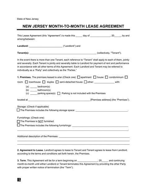 Month-to-Month Lease Agreement Template NJ