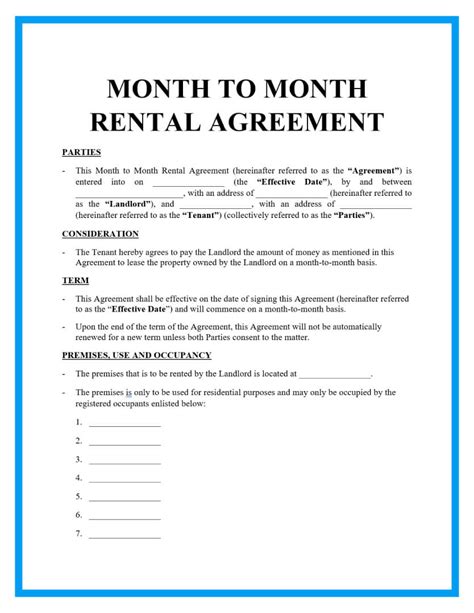 Month to Month Rental Agreement Form