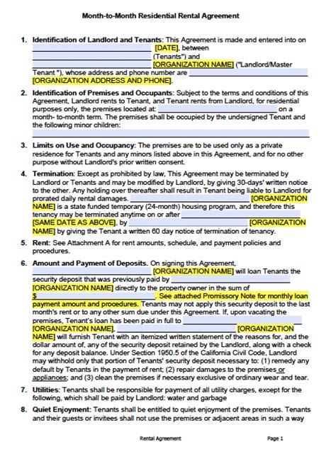 Month to Month Rental Agreement Template California