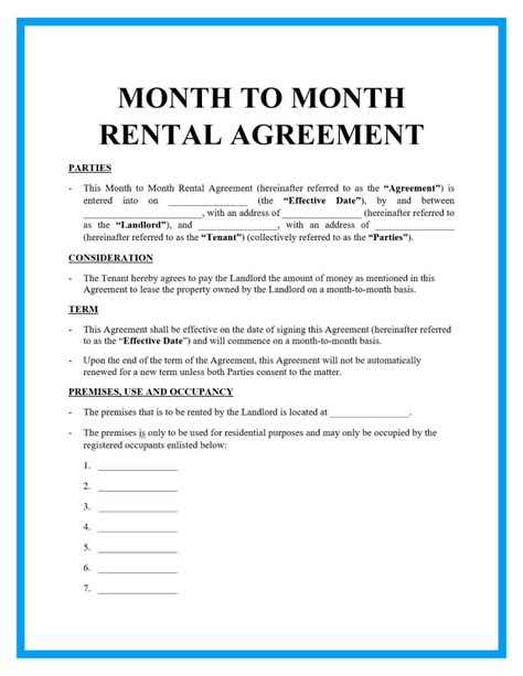 A sample month-to-month rental agreement template for room rentals