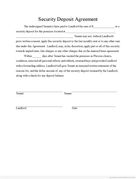 A sample month-to-month rental agreement template with security deposit