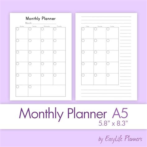 Monthly A5 calendar printable