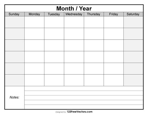 A monthly calendar template with space for notes and deadlines