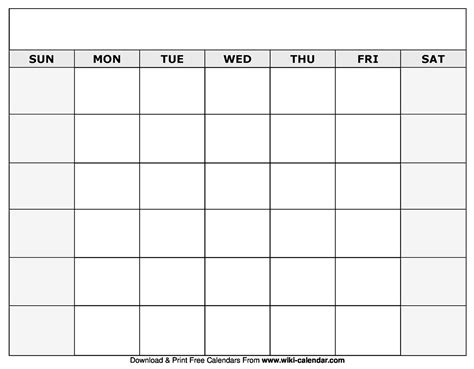 Monthly Calendar Template Printable