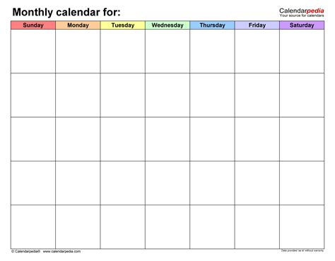 Monthly calendar template in Word