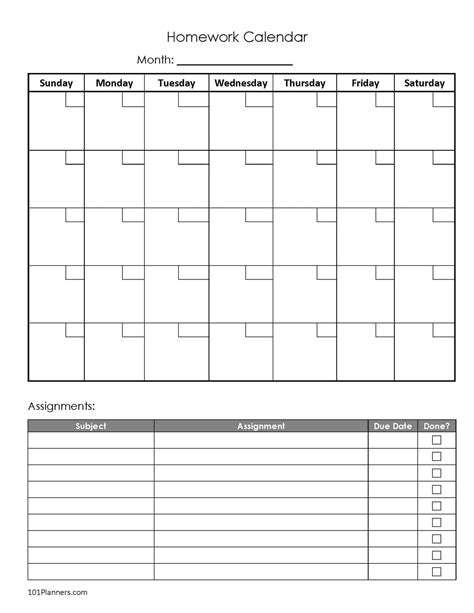 Monthly Homework Planner Template