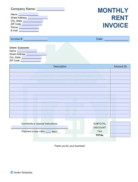 Monthly Rent Invoice Template Example