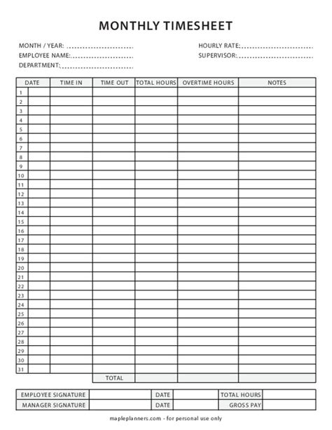 Monthly timesheet template with a calendar layout