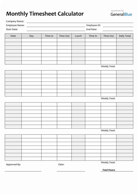 Monthly Timesheet Template Example