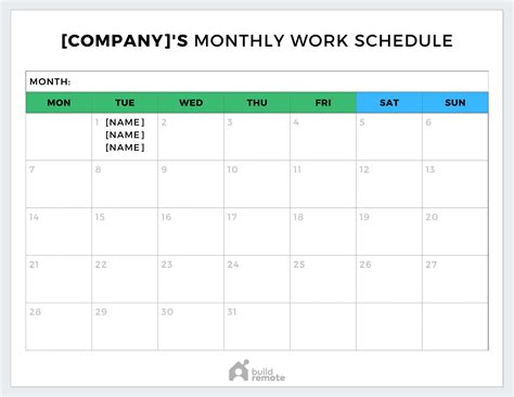 Monthly Work Schedule Template Customizable