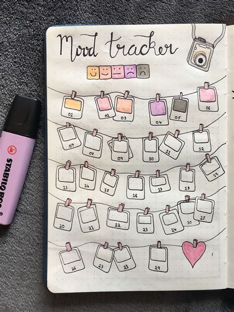 A bullet journal mood tracker template with colorful emojis and doodles