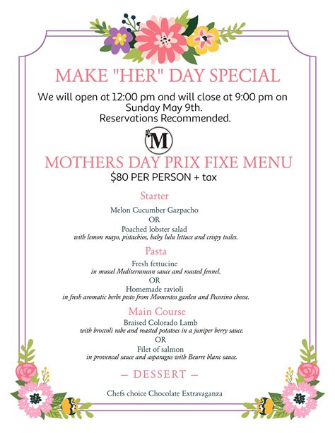 A sample menu for Mother's Day with a variety of dishes