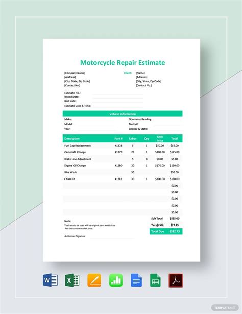 Motorcycle Repair Estimate Template 1