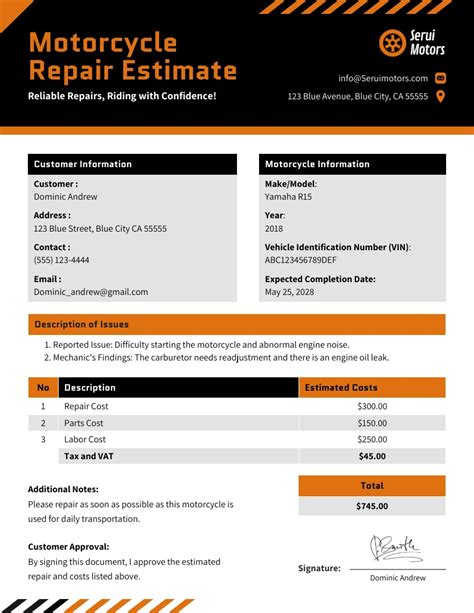 Motorcycle Repair Estimate Template 5