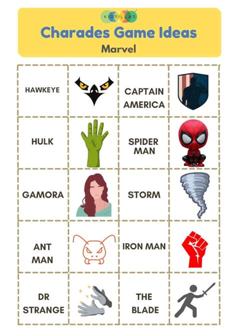 Movie and TV characters charades for kids