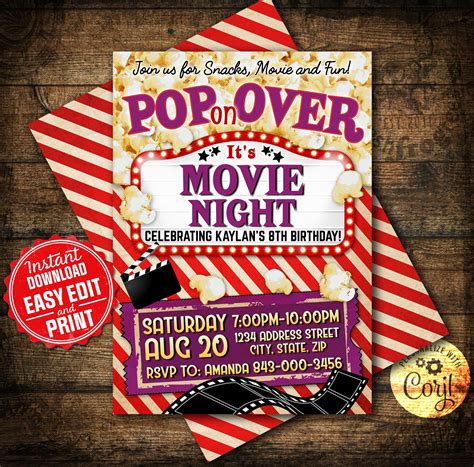 Movie night birthday invitation