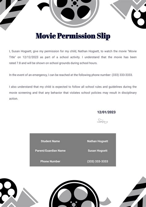 Movie Permission Slip Template 1