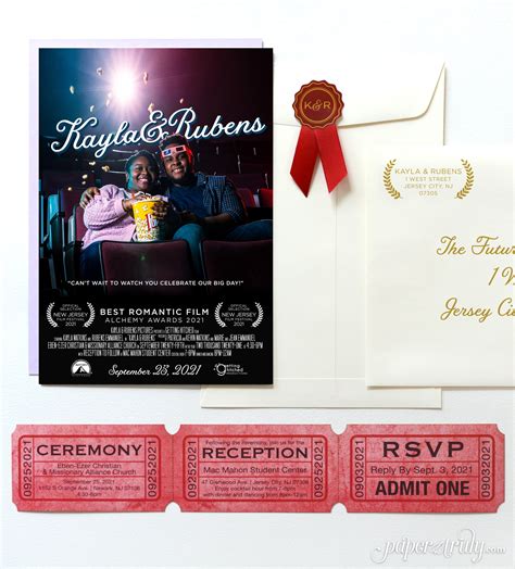 A movie premiere invitation with a red carpet, spotlights, and a premiere banner.