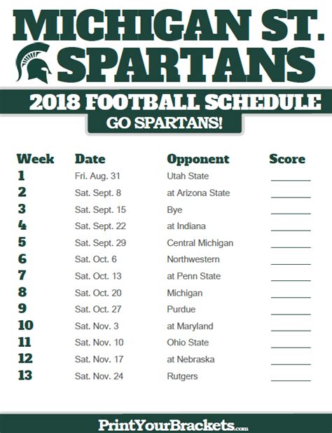 MSU Football Printable Schedule