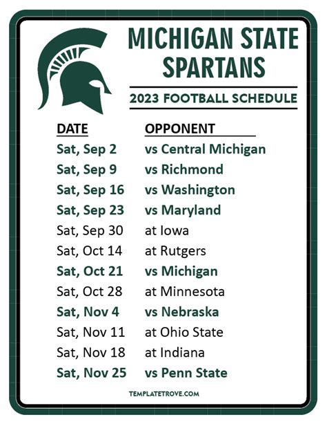 MSU Football Schedule Printable Template